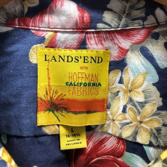 Lands' End With Hoffman Fabrics Size Large (L) 16-16.5 Blue Hawaiin Tropical But - Picture 3 of 4